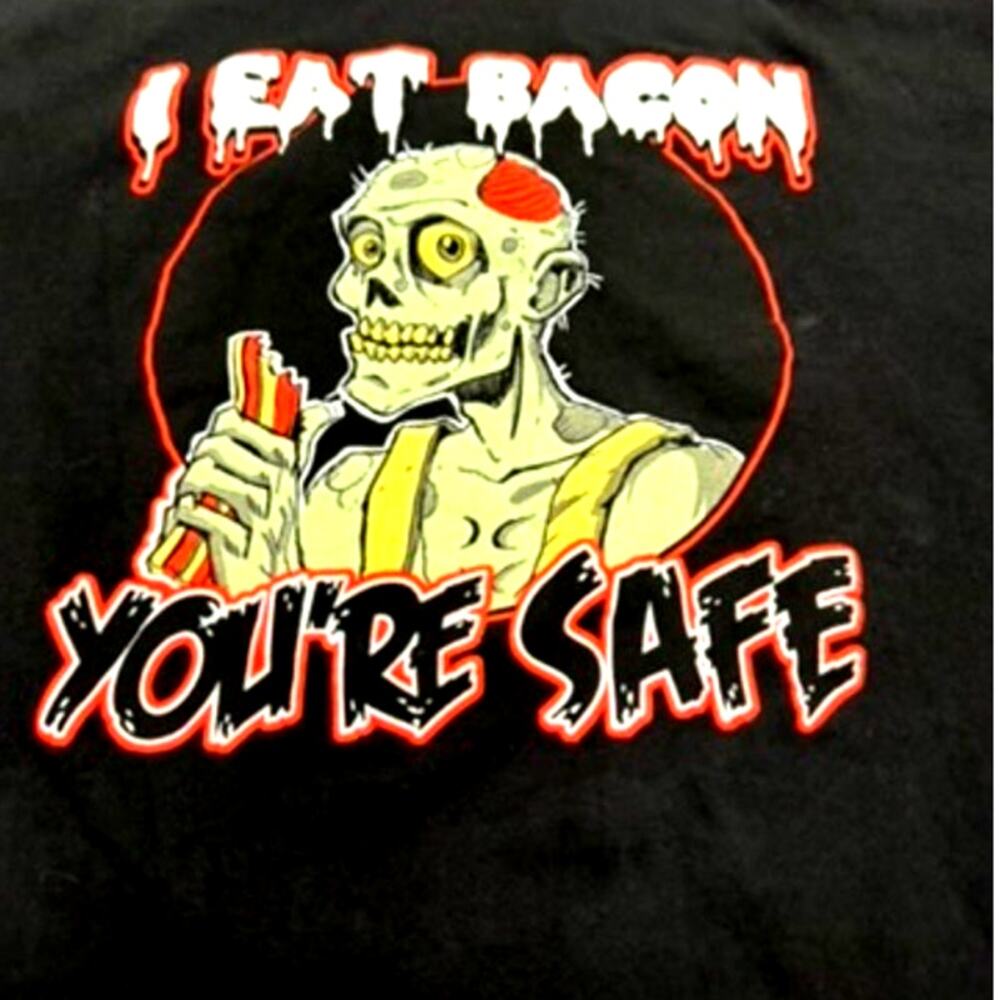"I EAT BACON YOUR SAFE" Black T-Shirt,Halloween,Skeleton,Foodie,Comical,Size L